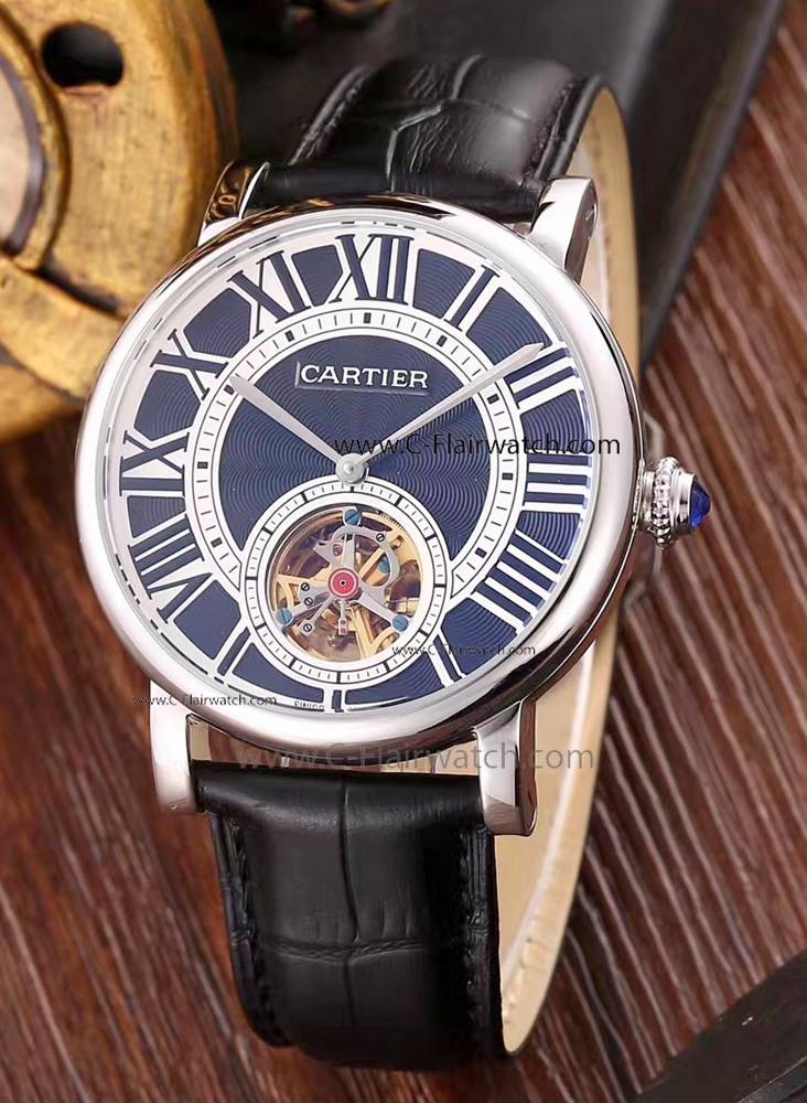 Cartier Rotonde De Replicas Watch Black Leather Band